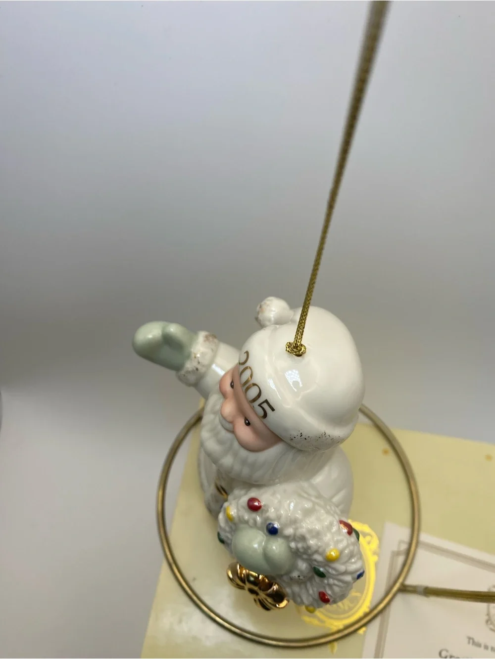 Lenox White Santa 2005 Ornament with Wreath and Pastel Gifts
